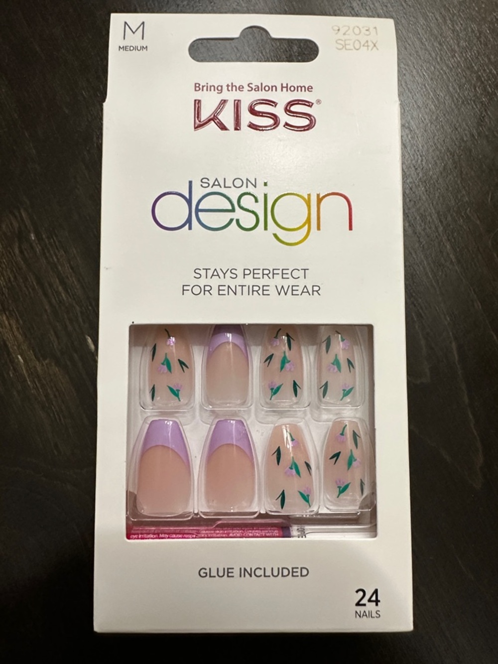 Kiss Salon Design Nude Press-On Nails with Lavender Tips and Teal Leaf Accents